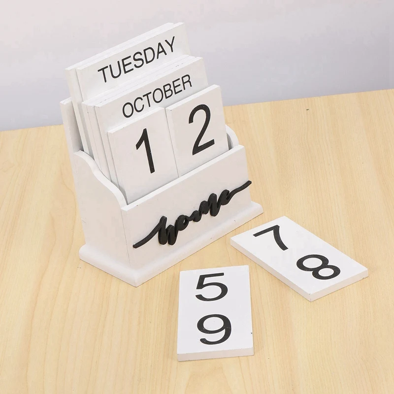 2X Koka Atvāžamais Galda Bloks Kalendāra Pastāvīgu Koka Galda Kalendārs Nedēļu, Mēnesi, Datumu Displejs Home Office Apdare Attēls 2