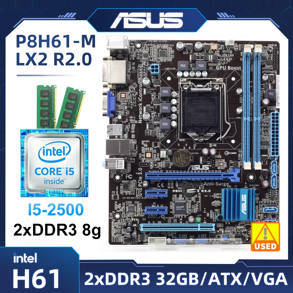1155 motherborad komplekts ASUS P8H61-M LX2 R2.0 ar i5-2500 cpu+ 2xDDR3 8g ram atbalsta i3-2100 i3-3220 cpu Intel H6 PCI-E 2.0 Attēls 0