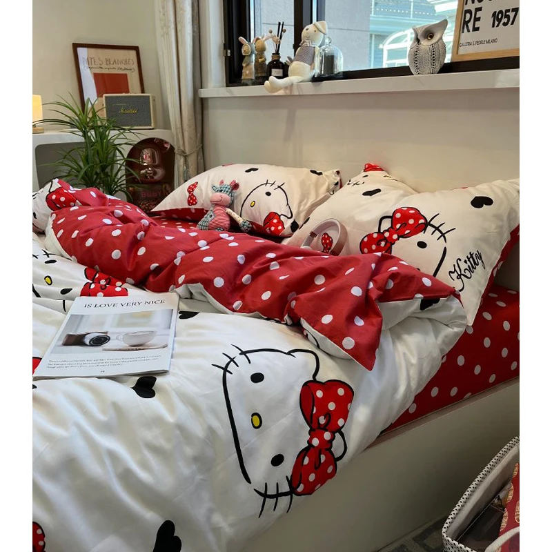 Kawaii Hello Kitty Gultas Piederumi Četru Gabals Silts Ziemas Komplekts Luksusa Sabiezēt Palagu Meitene Kopmītnē Gultas Piederumi, Kokvilnas Palagi Sega Vāciņu Attēls 2